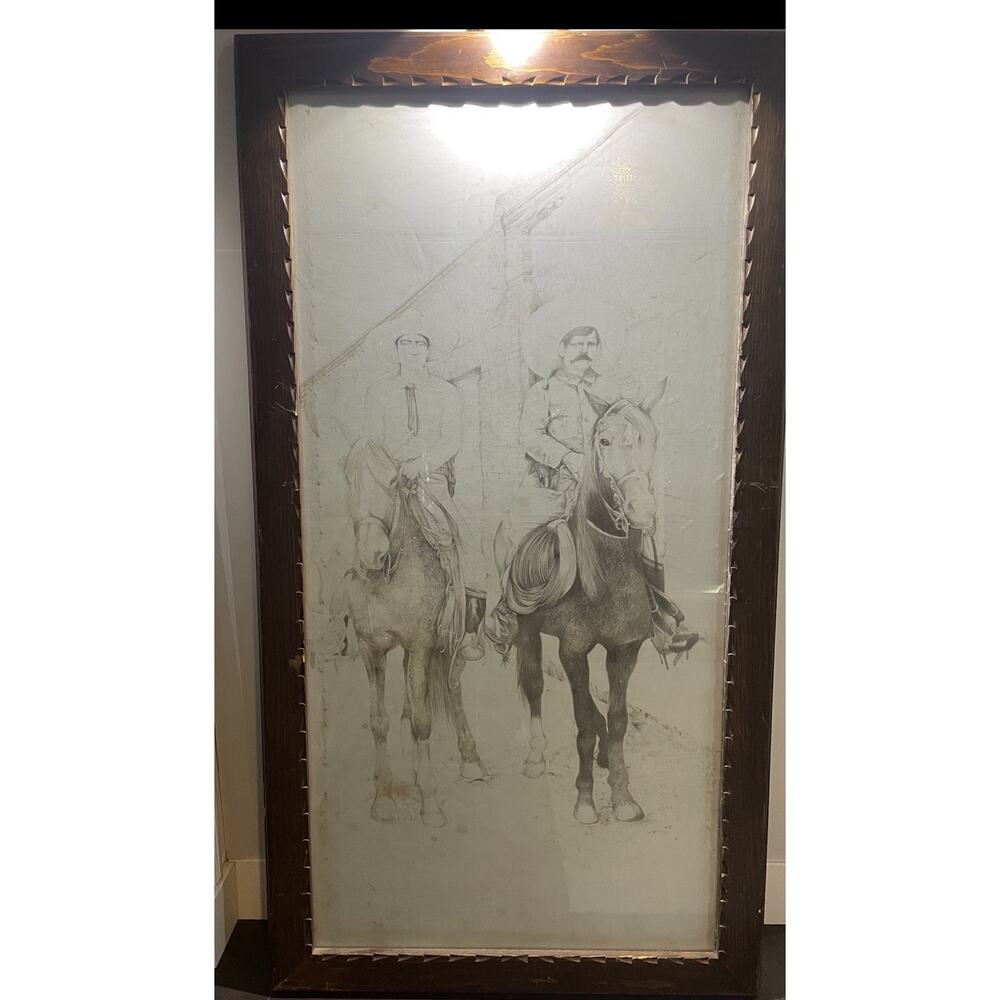 1950s Large 66x34 Vintage Western Serigraph Cowboys MCM Thick Heavy Frame